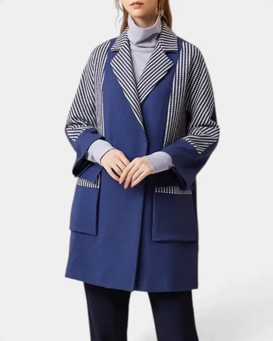 Wool Blend Coat with Plaid Contrast and Snap Closure image 0