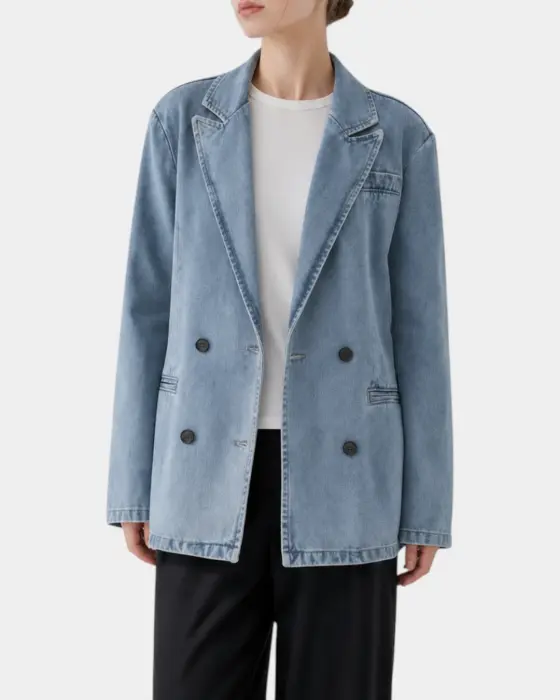 Denim Blazer with Double-Breasted Design / Stonewashed Blue / Free Size image 2