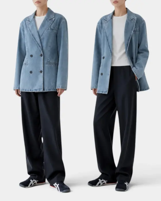 Denim Blazer with Double-Breasted Design / Stonewashed Blue / Free Size image 4