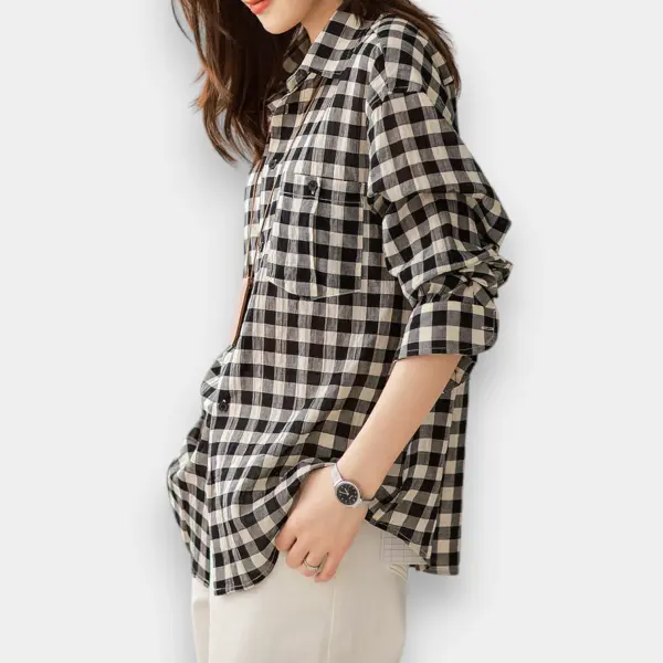 Checkerboard Cotton Casual Loose Shirt / Black Plaid / Free Size image 8