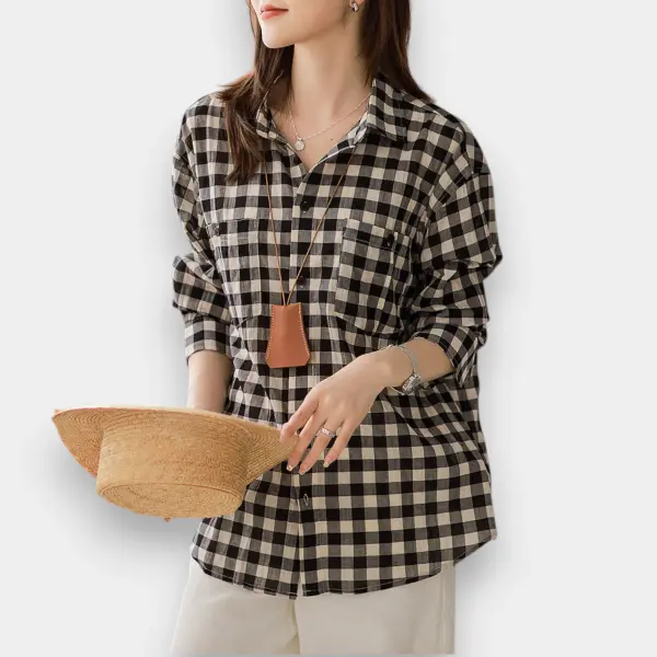 Checkerboard Cotton Casual Loose Shirt / Black Plaid / Free Size image 7