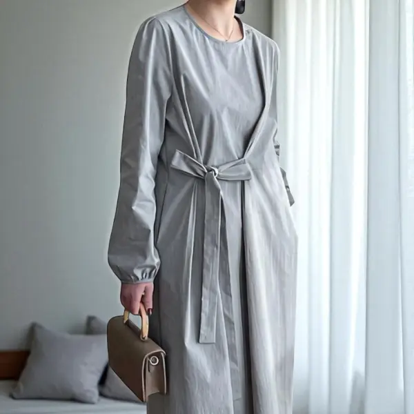 Structured Light Gray Long Sleeve Dress with Belt – Cotton Blend Comfort image 5
