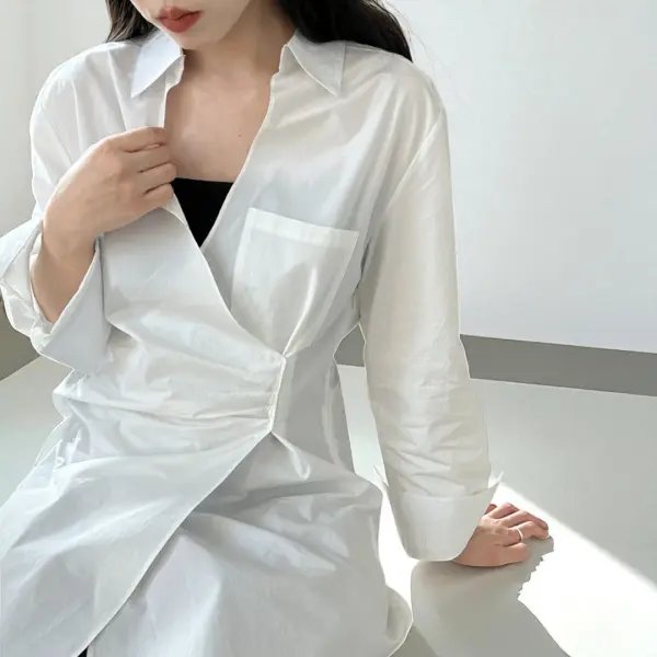 Wrap-Style Cotton Shirt with Gathered Waist image 6