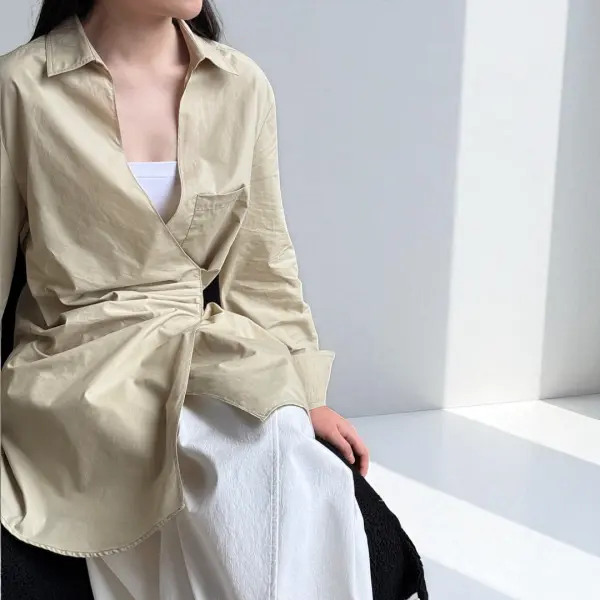 Wrap-Style Cotton Shirt with Gathered Waist image 7