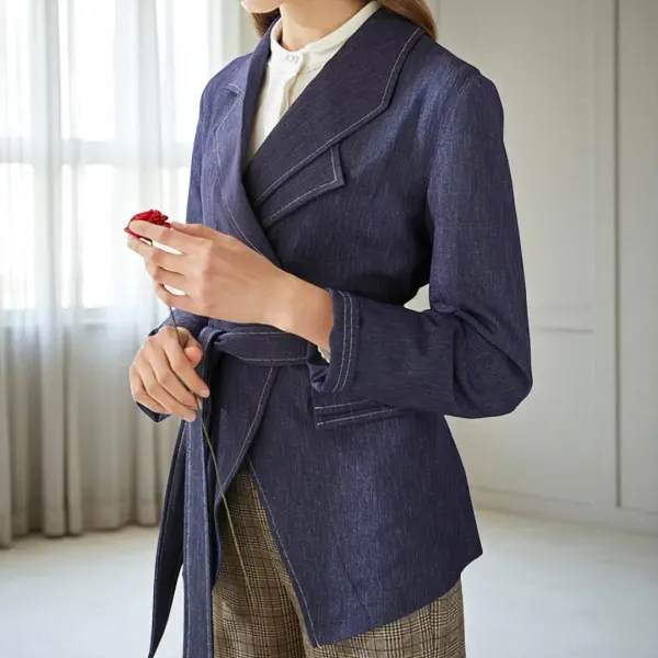 Regular Fit Belted Denim Blazer – Dusty Blue image 5