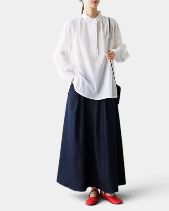 Pleated Lace Shirt – Breathable Cotton & Romantic Half-Placket image 2