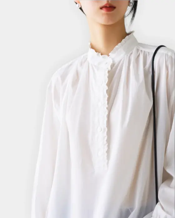 Pleated Lace Shirt – Breathable Cotton & Romantic Half-Placket image 6