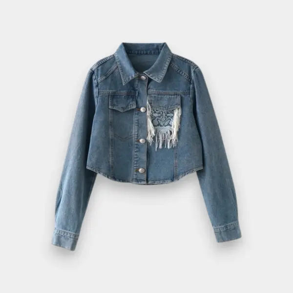 Indigo Denim Short Jacket with Tassel Details on Chest Pocket image 6