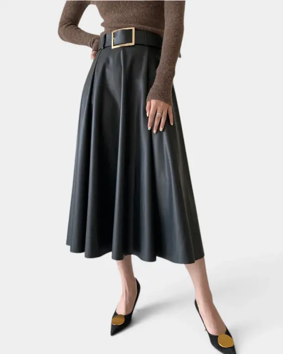 High Waist Faux Leather Flared Skirt with Belt image 4
