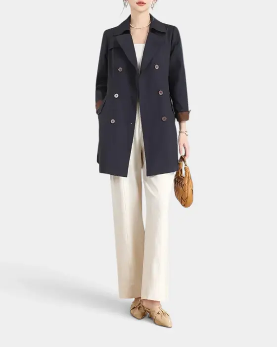 Navy Double‑Breasted Trench Coat with Brown Cuffs image 1