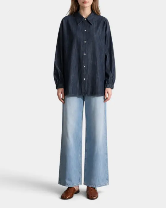 Korean Cotton Denim Lantern Sleeve Shirt / Denim Navy / Free Size image 3