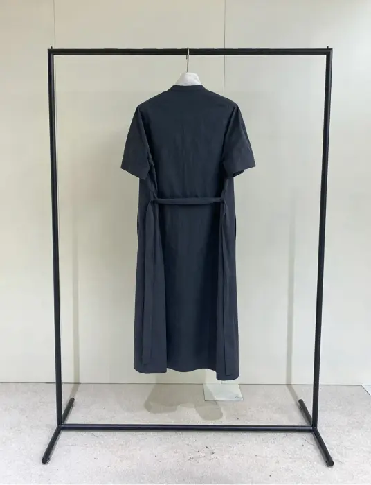 Organic Cotton Stand-Up Collar Dress with Belt-Navy Blue-Free Size image 9
