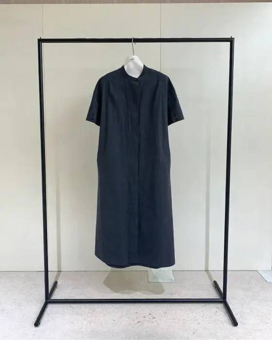 Organic Cotton Stand-Up Collar Dress with Belt-Navy Blue-Free Size image 8