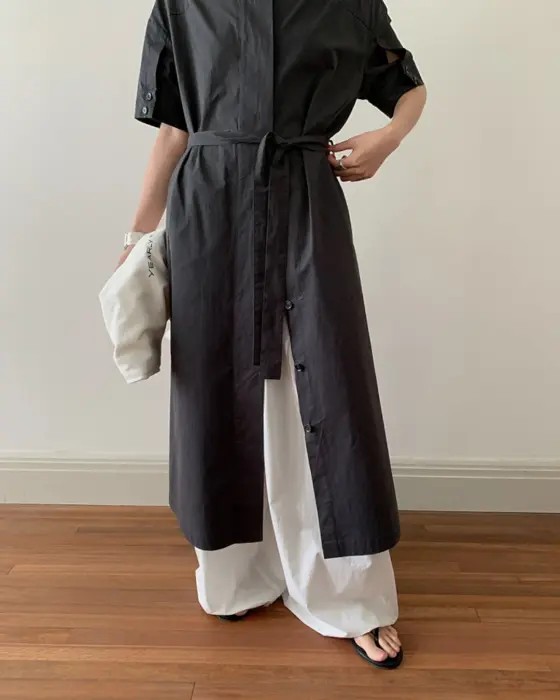 Organic Cotton Stand-Up Collar Dress with Belt-Navy Blue-Free Size image 7