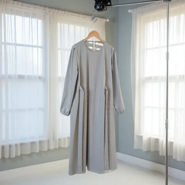 Structured Light Gray Long Sleeve Dress with Belt – Cotton Blend Comfort image 6