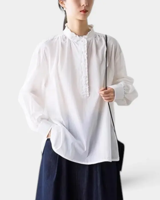 Pleated Lace Shirt – Breathable Cotton & Romantic Half-Placket image 0