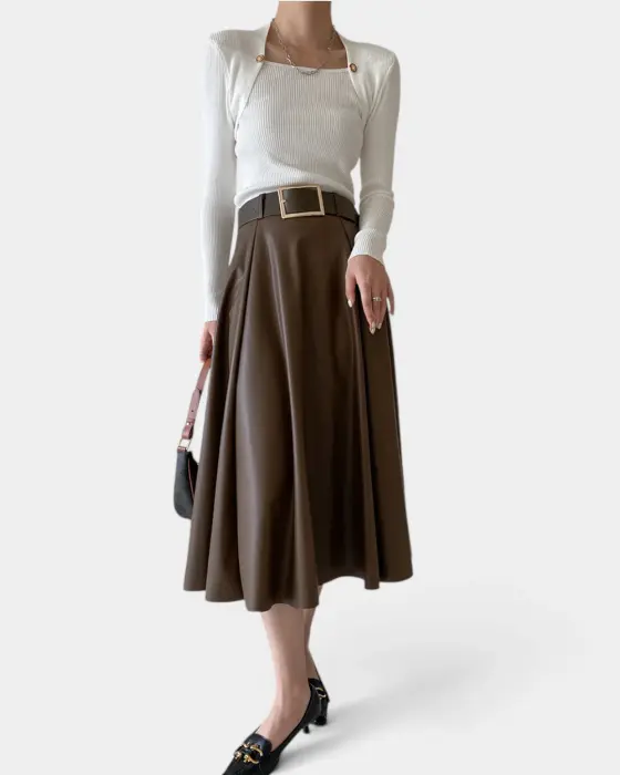 High Waist Faux Leather Flared Skirt with Belt image 2