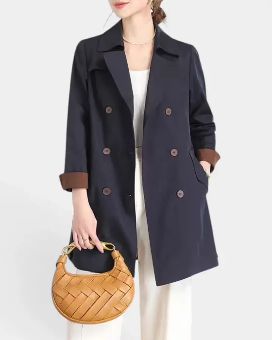 Navy Double‑Breasted Trench Coat with Brown Cuffs image 2
