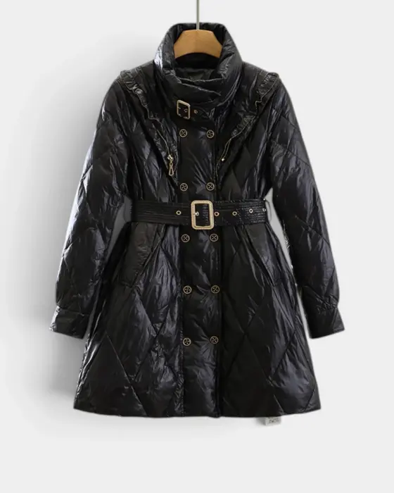 Quilted Puffer Coat with White Duck Down Filling and Gold Tone Details image 5
