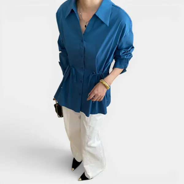 French Pointed Collar Waist Drawstring Cotton‑Blend Shirt image 3