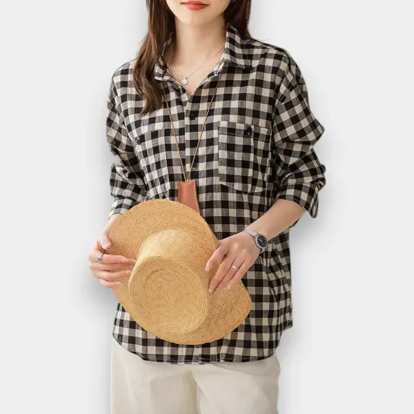Checkerboard Cotton Casual Loose Shirt / Black Plaid / Free Size image 5