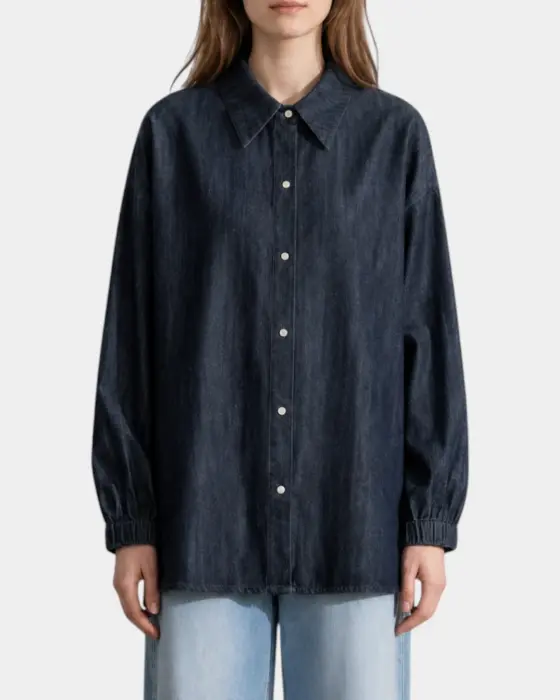 Korean Cotton Denim Lantern Sleeve Shirt / Denim Navy / Free Size image 0