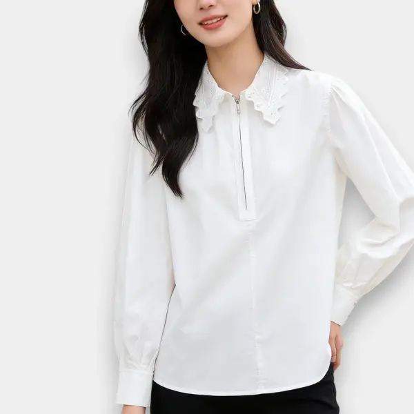 French Vintage Lace Lapel Cotton Shirt / Pure White / Free Size image 1
