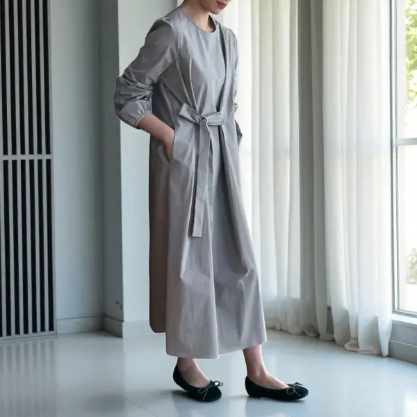 Structured Light Gray Long Sleeve Dress with Belt – Cotton Blend Comfort image 2