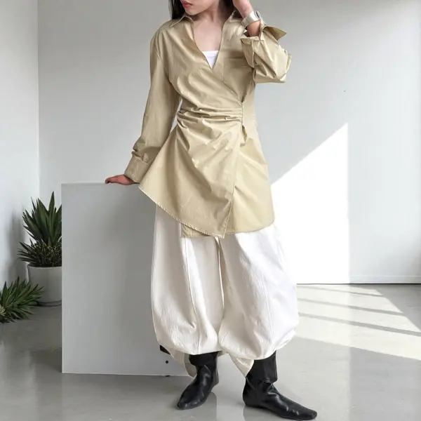 Wrap-Style Cotton Shirt with Gathered Waist image 2