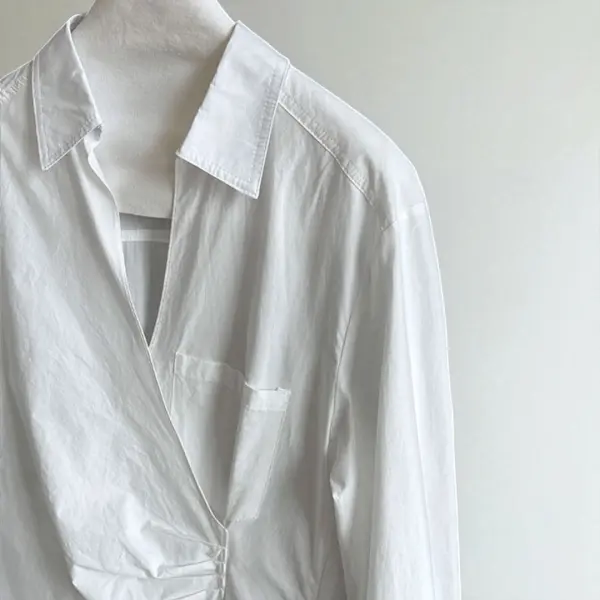 Wrap-Style Cotton Shirt with Gathered Waist image 9