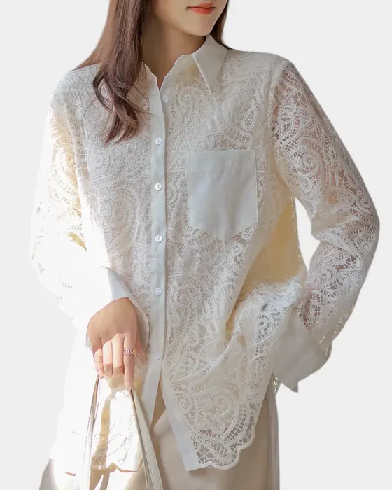 French Hollow Hook Flower Shirt – Romantic Lace & Loose Fit image 1