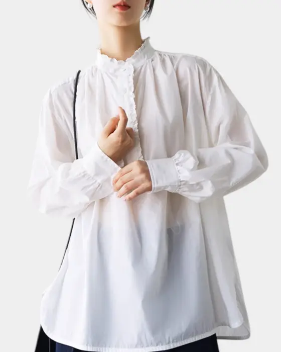 Pleated Lace Shirt – Breathable Cotton & Romantic Half-Placket image 4