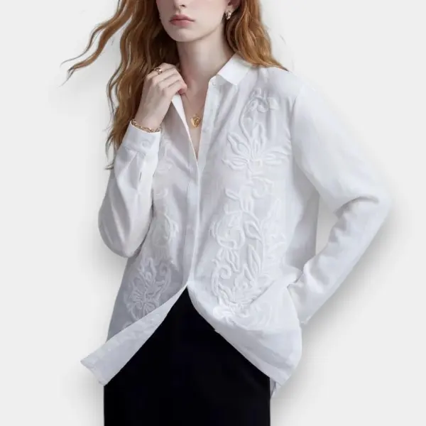 White Tencel-Linen Shirt with 3D Embroidery image 3