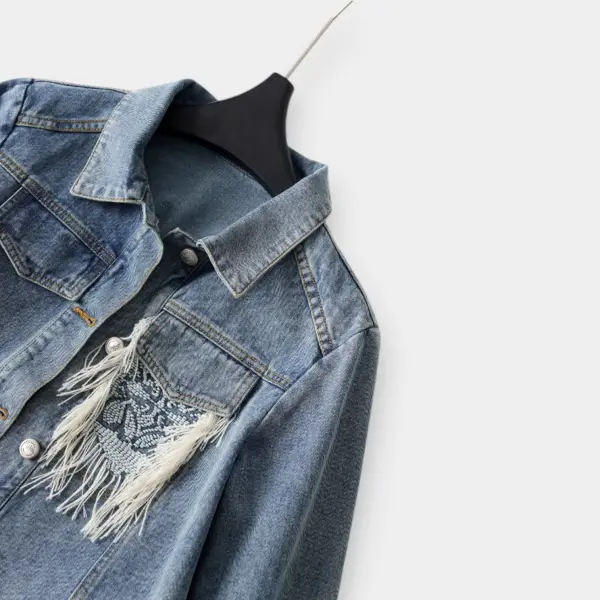 Indigo Denim Short Jacket with Tassel Details on Chest Pocket image 7