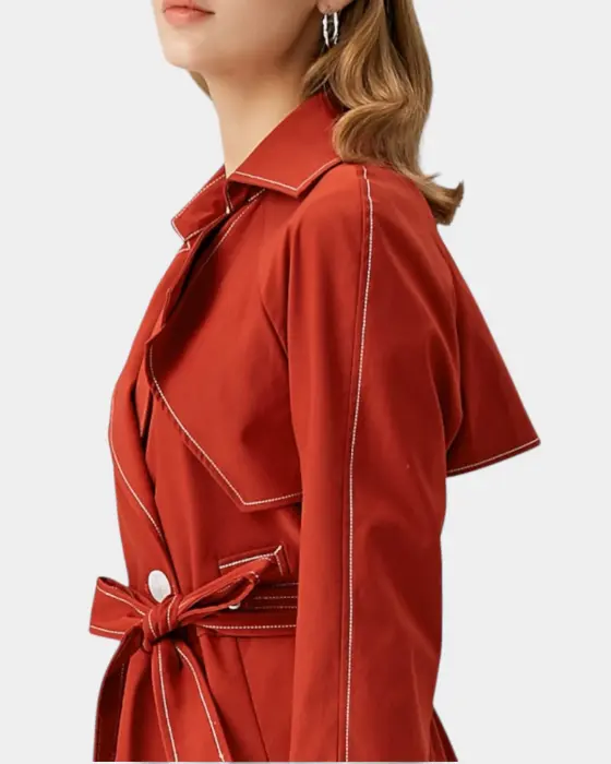 Double-Breasted Trench Coat with Contrast Stitching and Belt image 5