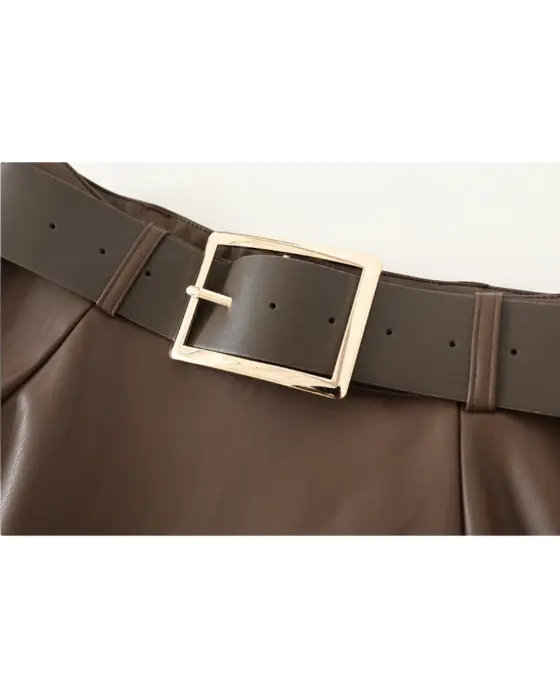 High Waist Faux Leather Flared Skirt with Belt image 10
