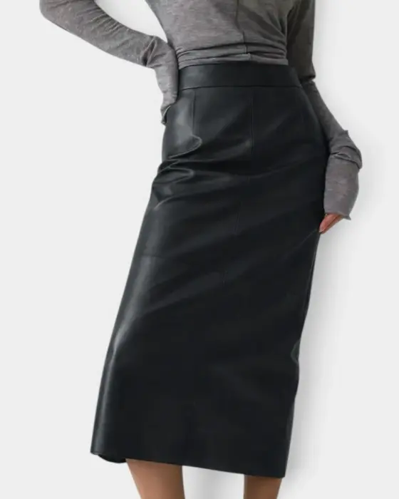 High Waist Stretch Pu Leather Back Slit Skirt image 2