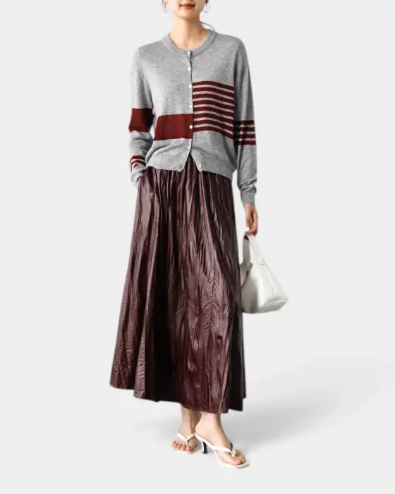 Glossy Pleated Flared Midi Skirt with Elastic Waistband image 3