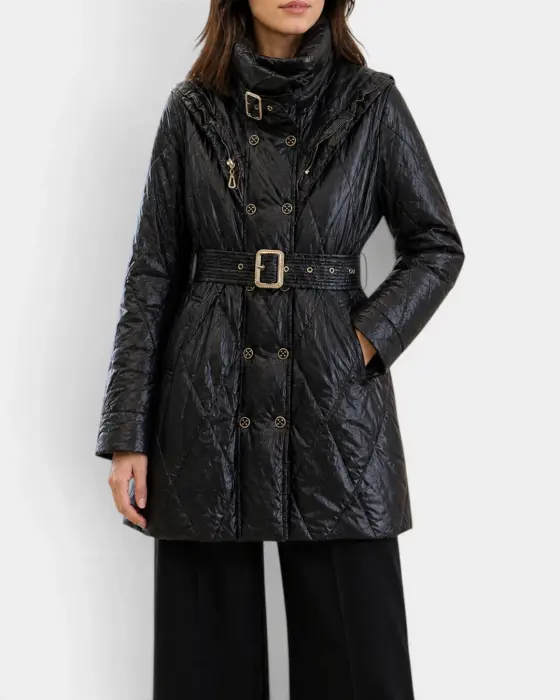 Quilted Puffer Coat with White Duck Down Filling and Gold Tone Details image 2