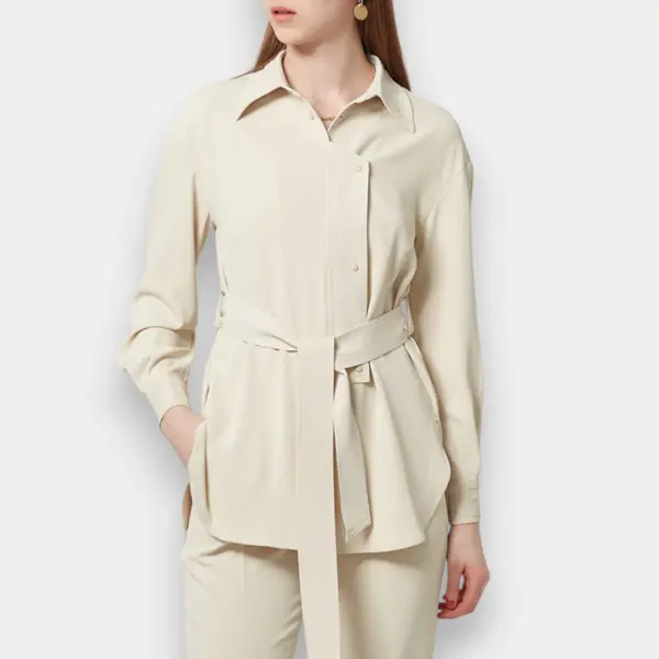 Asymmetric Button Placket Belted Long‑Sleeved Shirt image 2