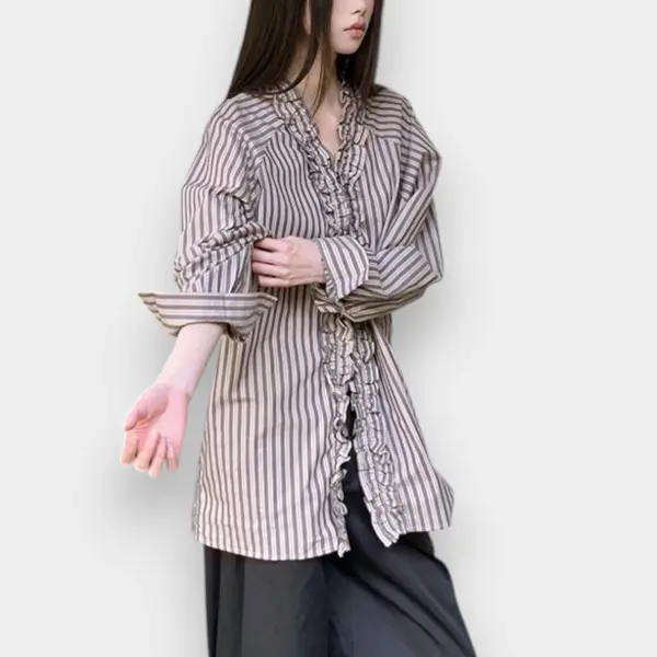 Ruffled V-Neck Striped Cotton Shirt image 4