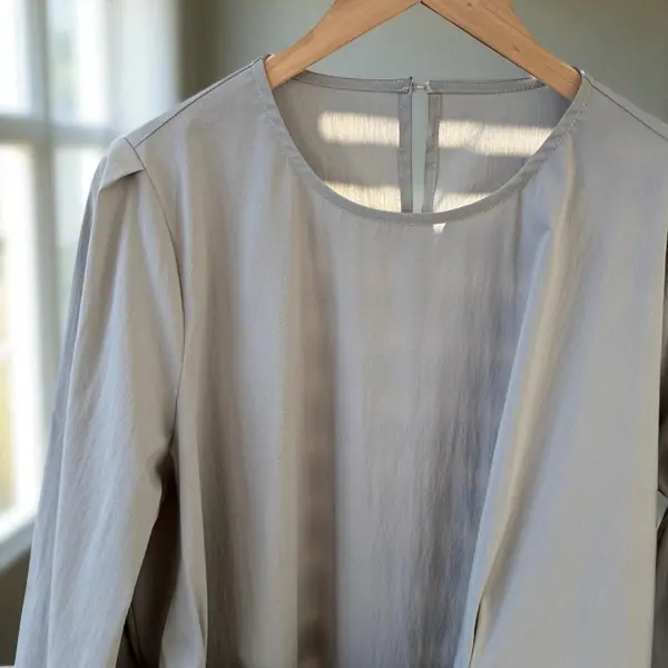 Structured Light Gray Long Sleeve Dress with Belt – Cotton Blend Comfort image 9