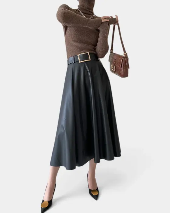 High Waist Faux Leather Flared Skirt with Belt image 3