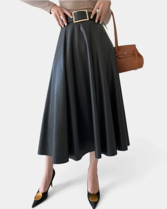 High Waist Faux Leather Flared Skirt with Belt image 6
