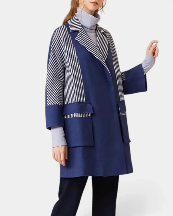 Wool Blend Coat with Plaid Contrast and Snap Closure image 3