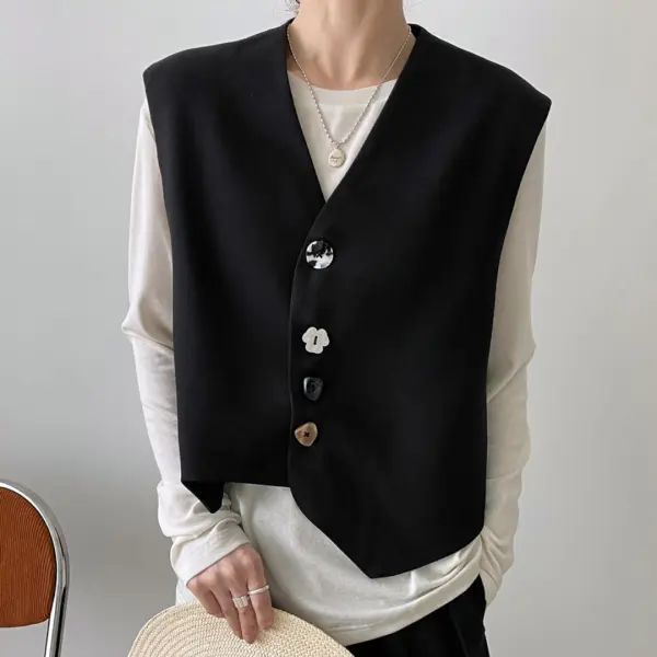 Asymmetrical Stylish Black Vest with Unique Buttons image 1