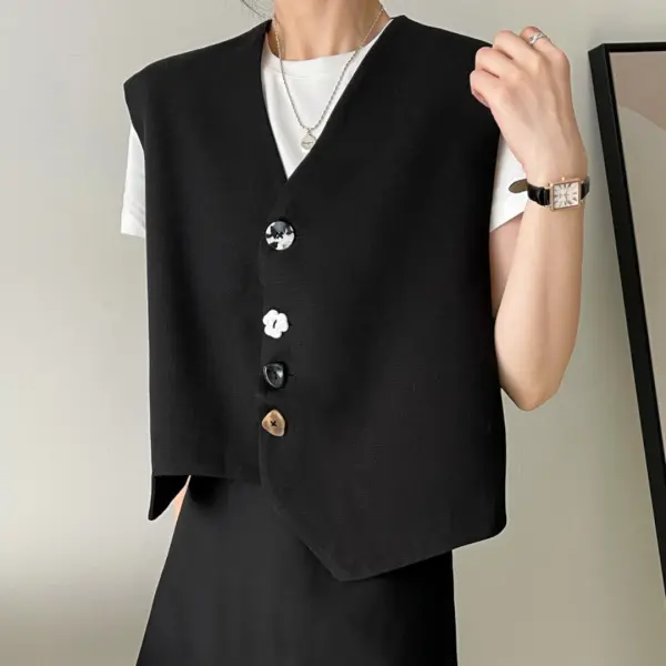 Asymmetrical Stylish Black Vest with Unique Buttons image 2