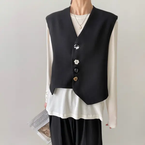 Asymmetrical Stylish Black Vest with Unique Buttons image 0