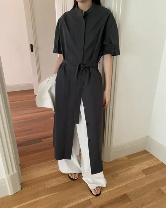 Organic Cotton Stand-Up Collar Dress with Belt-Navy Blue-Free Size image 4