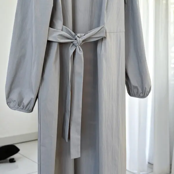 Structured Light Gray Long Sleeve Dress with Belt – Cotton Blend Comfort image 7